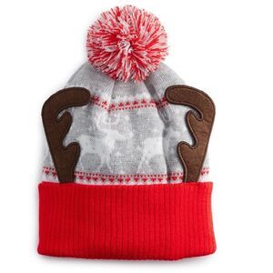 Ugly Stuff Supply Grey Heather Reindeer Print 3D Antler Pompom Knit Cap Hat